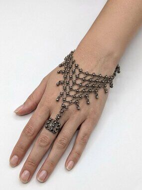 Vintage Tribal Silver Mesh Slave Chain Ring Bracelet Boho Turkish Coin Gothic